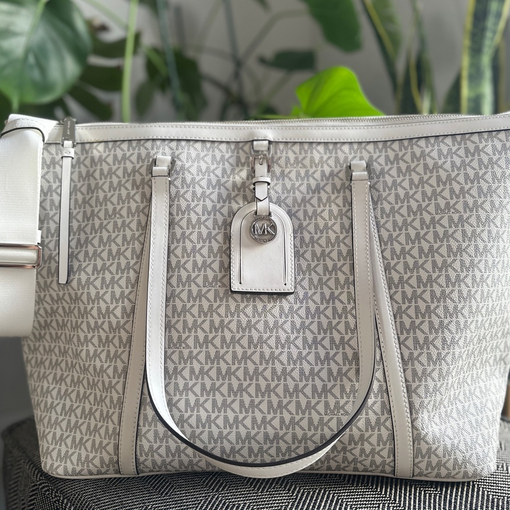 Michael Kors Gray and White Monogram Tote/Traveling Bag